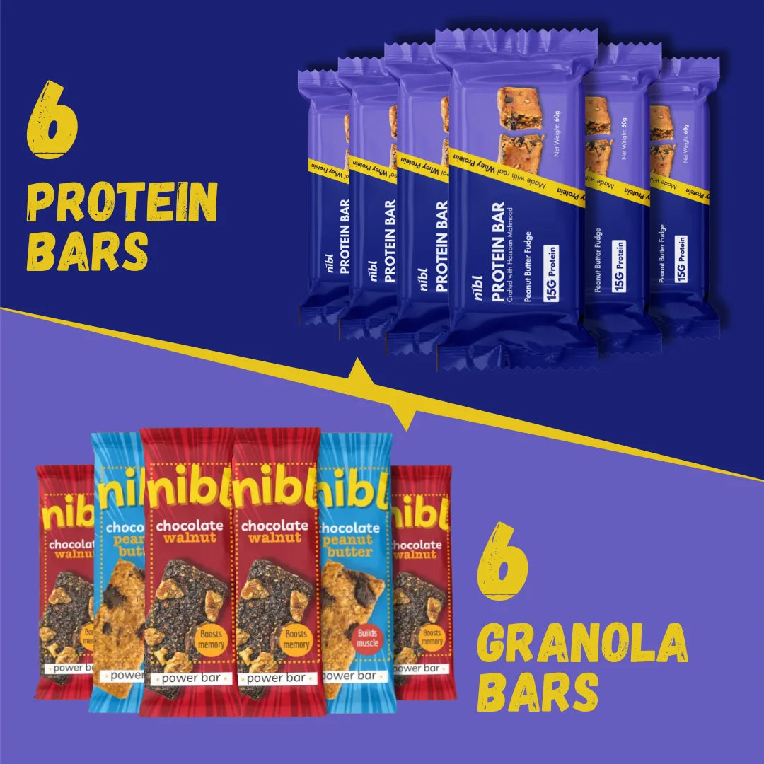 Contents of Nibl Fitness Fuel Pre & Post Workout Pack – protein bars laid out