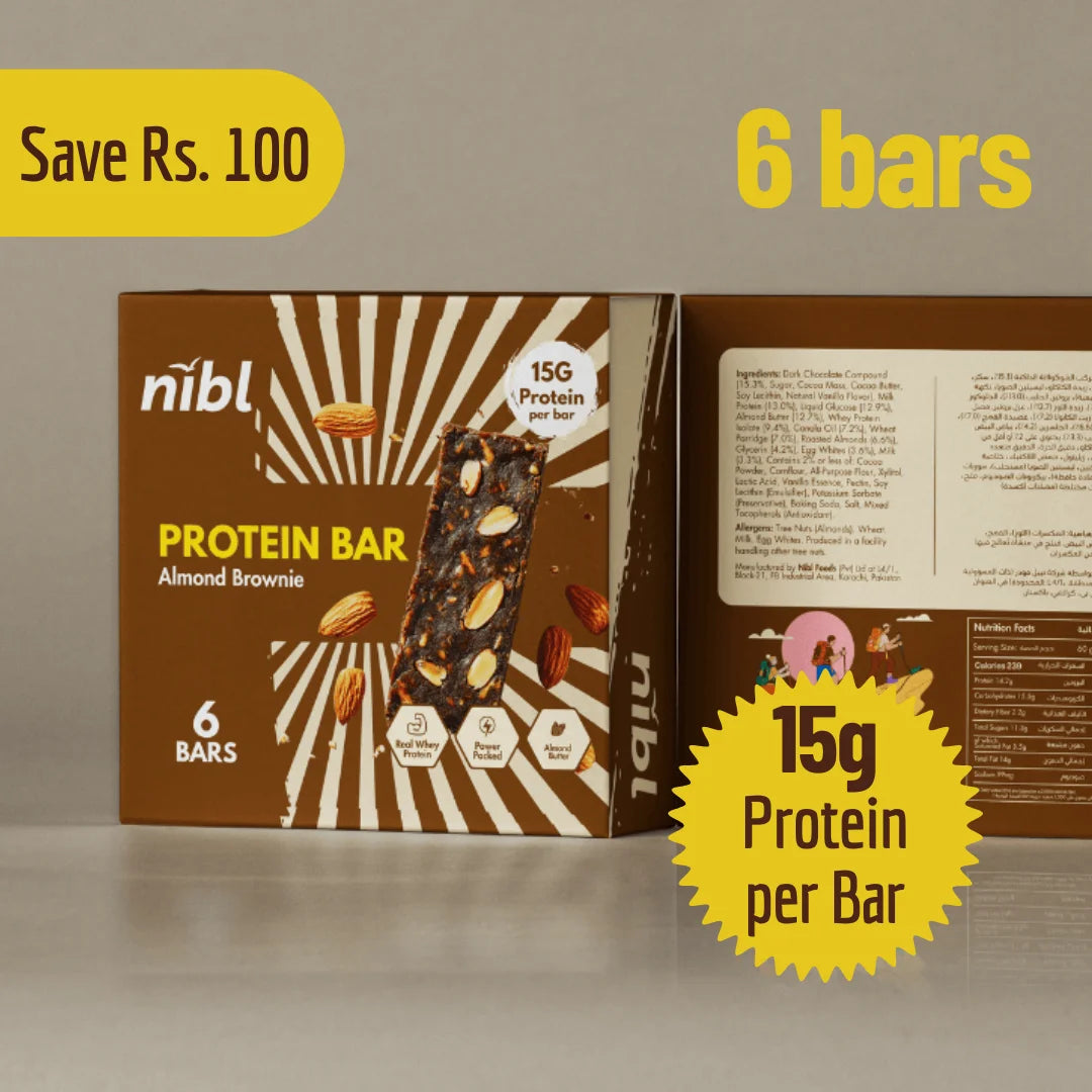 Nutrition label – Nibl Almond Brownie Protein Bar, 15g protein per 60g bar