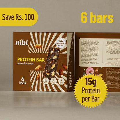 Nutrition label – Nibl Almond Brownie Protein Bar, 15g protein per 60g bar