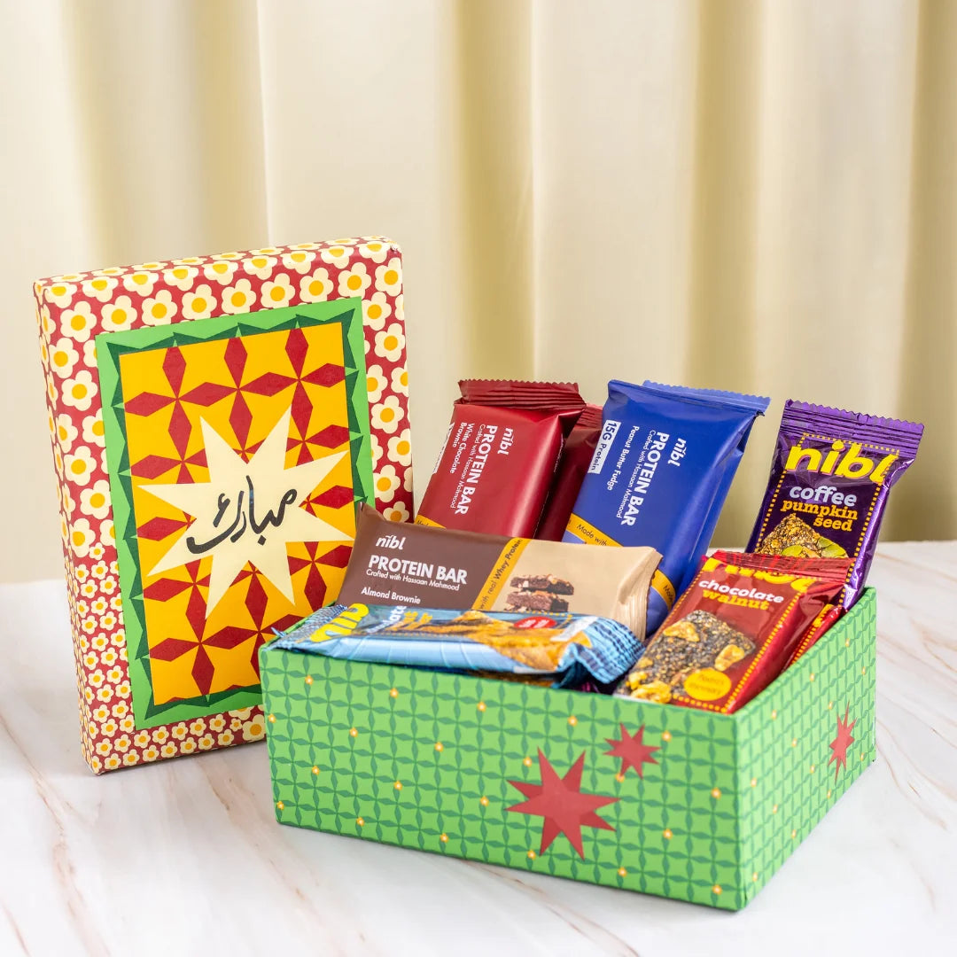 Nibl x Shehzeen Gift Box 1 open showing assorted protein and granola bars