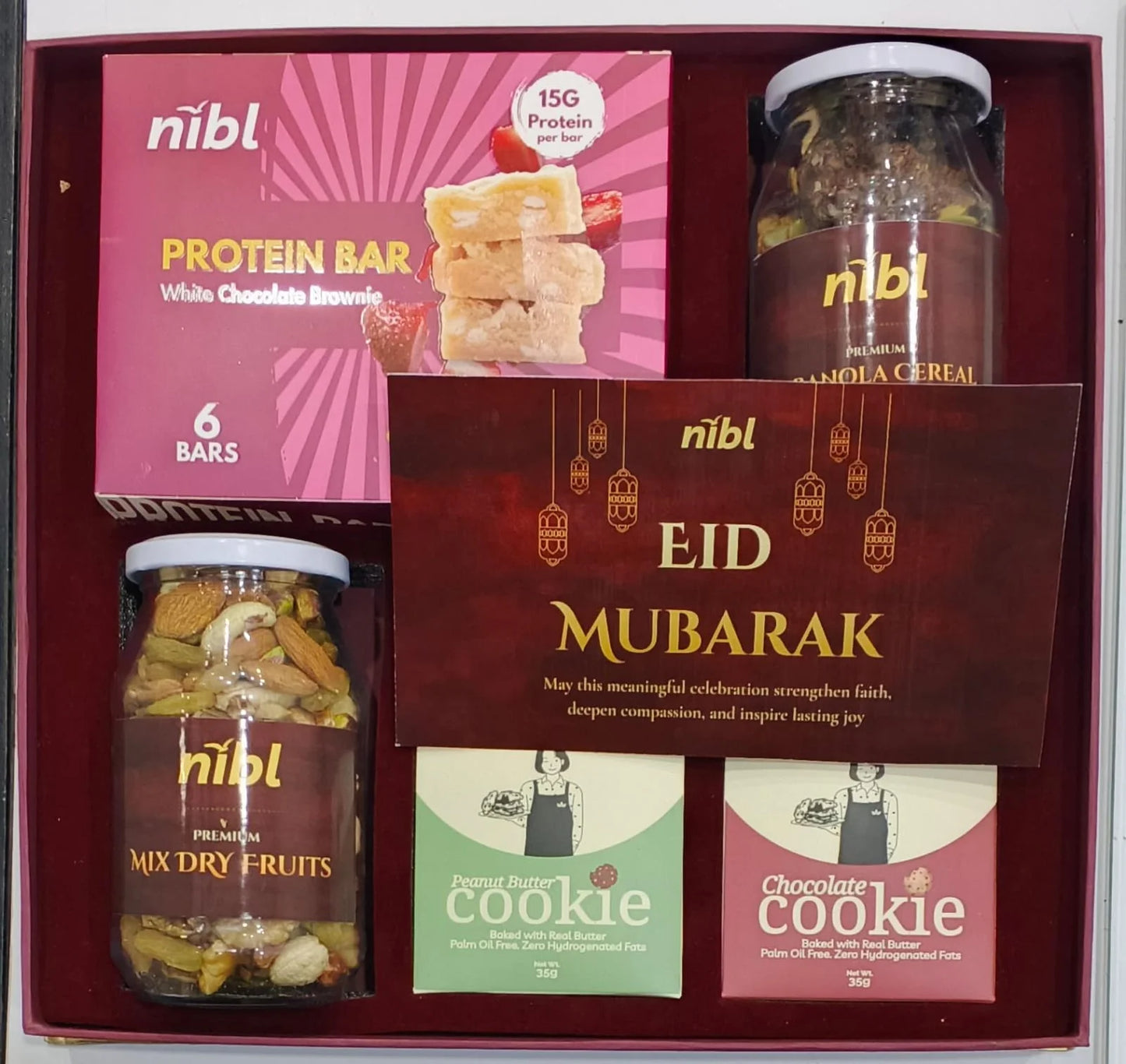 Nibl Eid Gift Box – Protein Bars, Granola Cereal, Cookies, and Dry Fruits