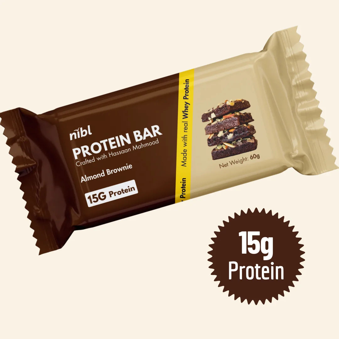 Nibl Almond Brownie Protein Bar packaging – real whey protein, halal certified